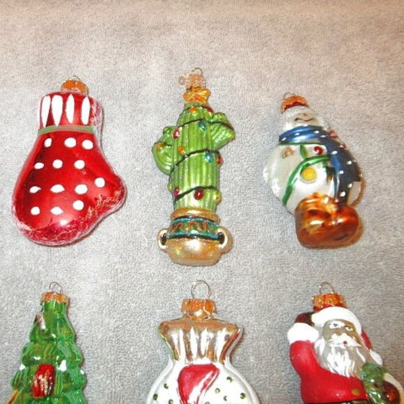 Set Of 6 MERCURY Blown GLASS Ornaments CACTUS Santa TREE Snowman VINTAGE 70s - Picture 3 of 12